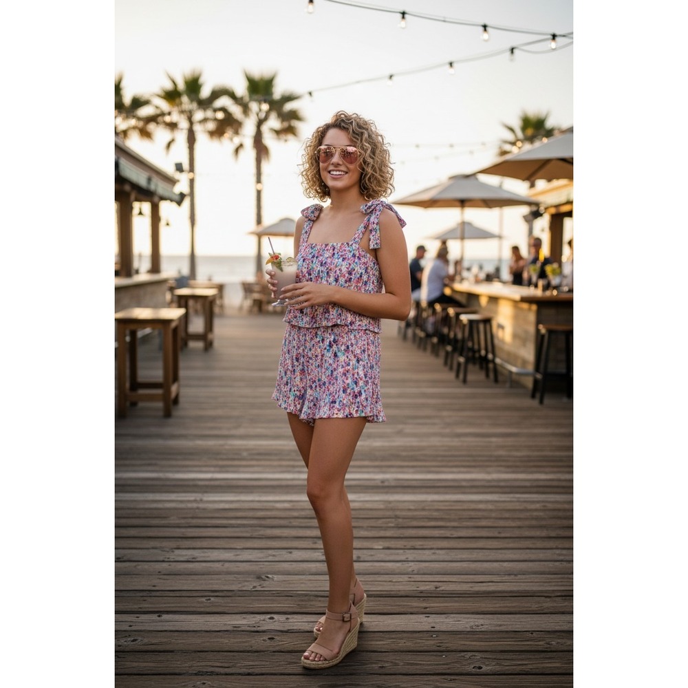 Amanda Uprichard Floral Micro Pleated Romper Multi Color Tie Strap Size L